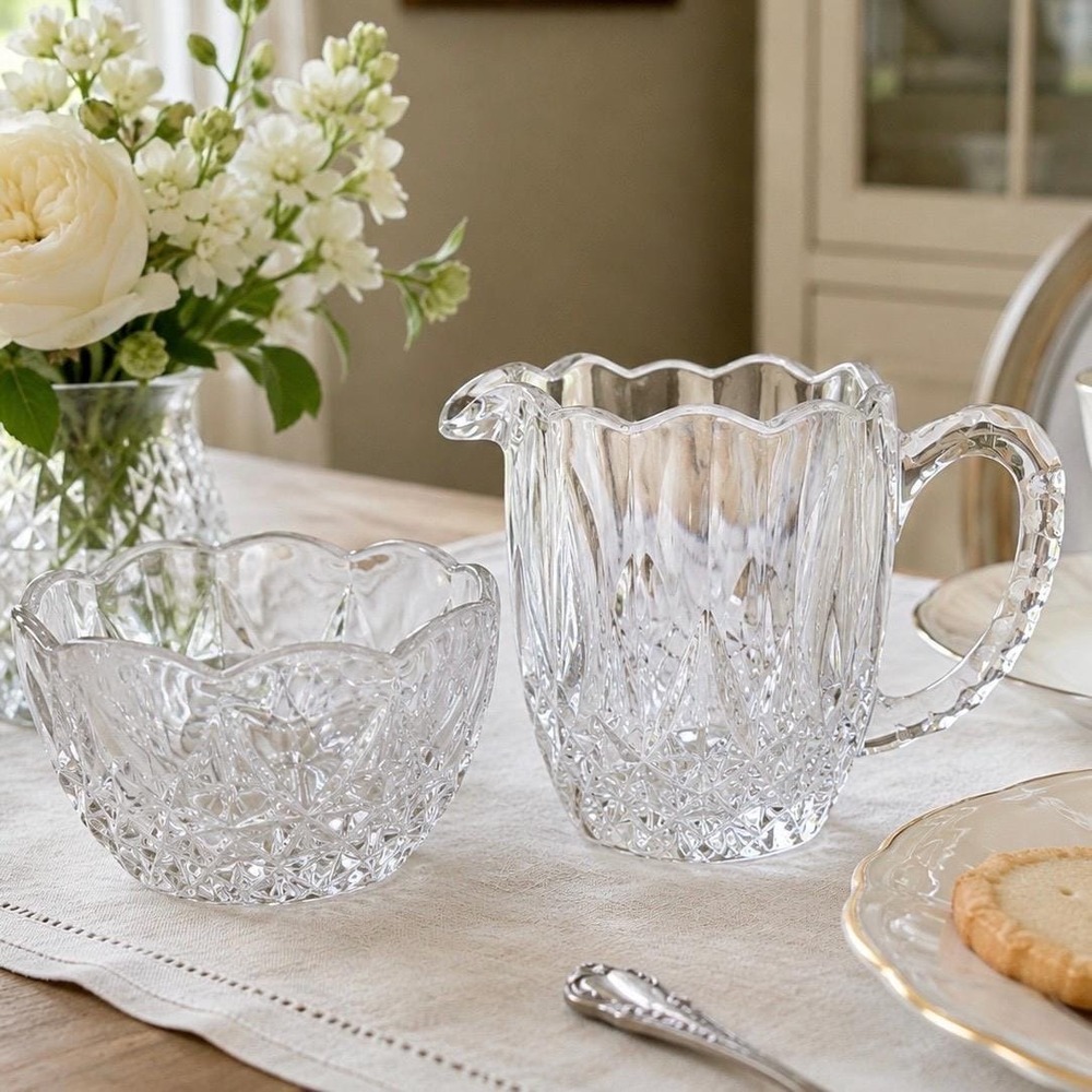 NEW VTG Crystal Creamer and Sugar Bowl Set Elegant Yugoslavia 24% Lead Crystal